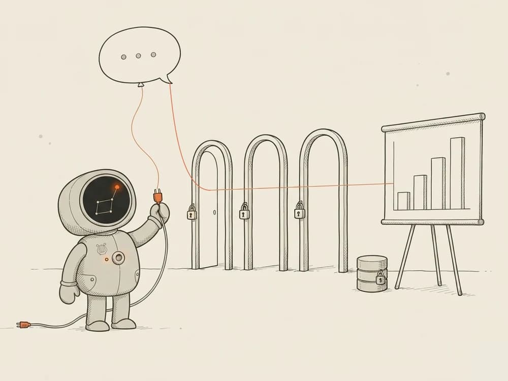 A question in a speech bubble passes through three padlocked gateways to a bar chart, while a small robot holds the bubble on a thread.