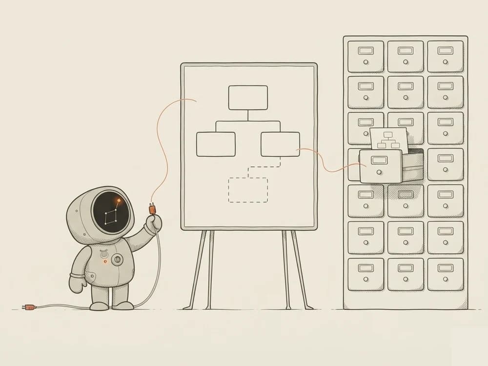 A small robot plugs a thread into a new dashed step on a workflow board, next to a wall of card-catalog drawers with one pattern card pulled out.